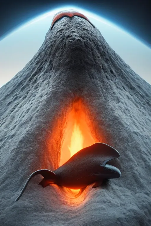 Image similar to a octane render of volcano and a tiny whale inside a boel, close - up studio photo, lighting path traced, highly detailed, high quality, hyper - realistic, max accurate,