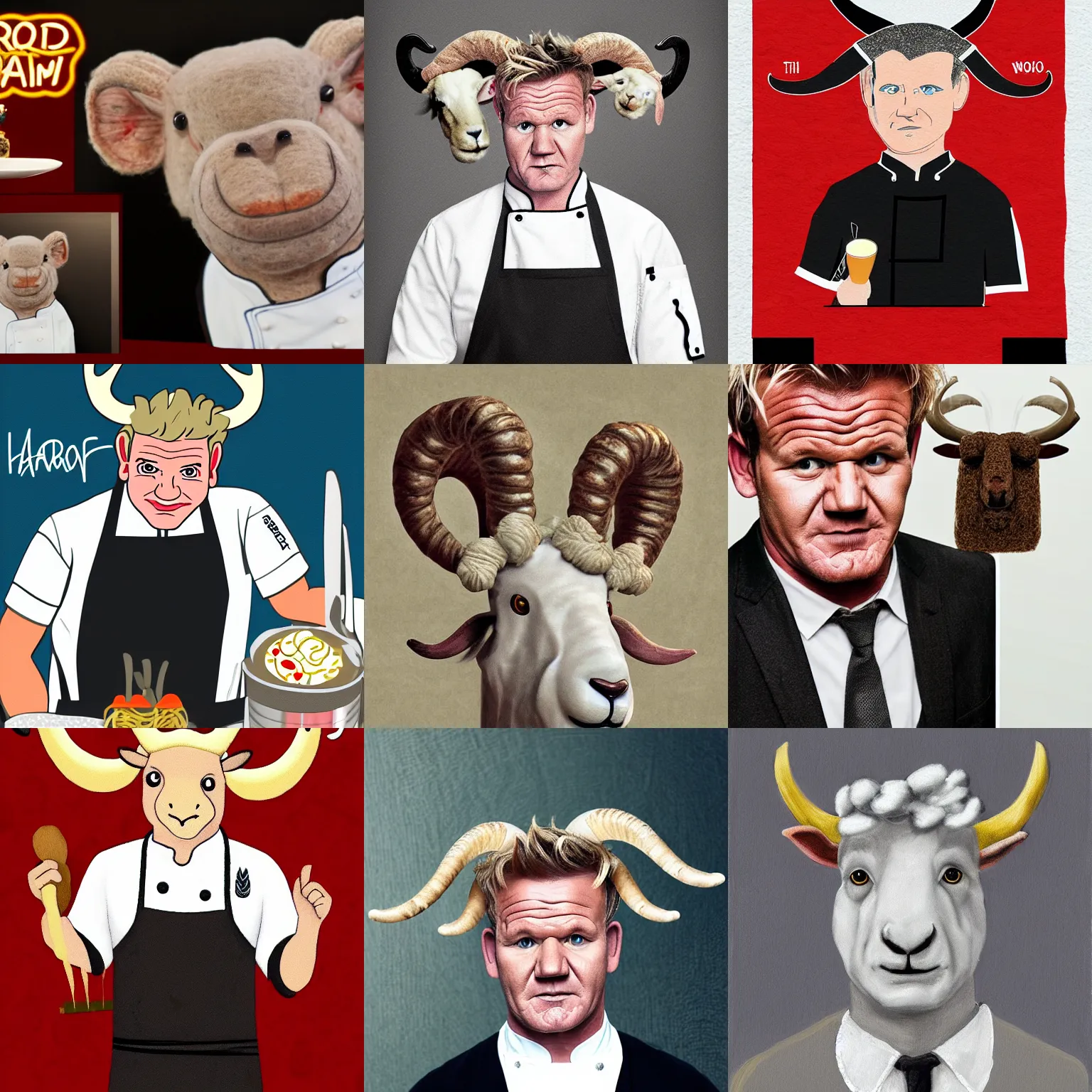 Prompt: portrait of chef!! gordon ramsay!! as a ram sheep with horns and wool