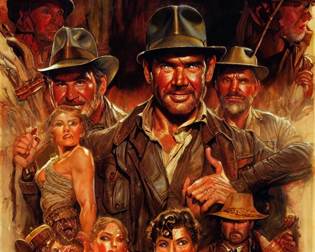 Prompt: indiana jones and the temple of doom, theatrical, hyperdetailed, painting by gaston bussiere, craig mullins, j. c. leyendecker, tom of finland