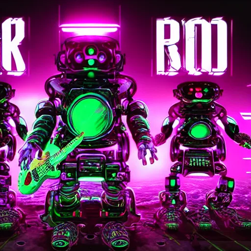 Prompt: album art, bandname is robo rock, font is rock style, rockband with 3 cyberpunk robots playing guitar and drums, 8 k, flourescent colors, halluzinogenic, multicolored, exaggerated detailed, front shot, 3 d render, octane