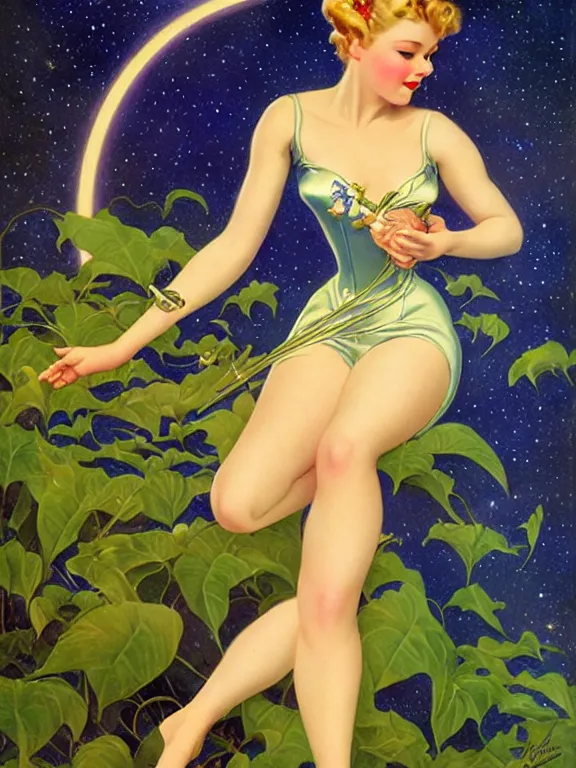 Prompt: kiernan shipman as tinkerbell glowing, a beautiful art nouveau portrait by Gil elvgren and Hajime Sorayama, moonlit starry sky environment, centered composition, defined features, golden ratio, golden glow