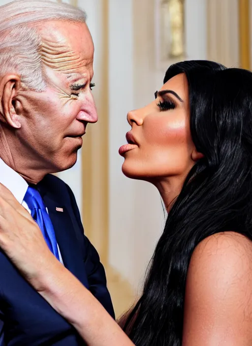 Image similar to film still of kim kardashian being kissed to sleep by joe biden, 8 k