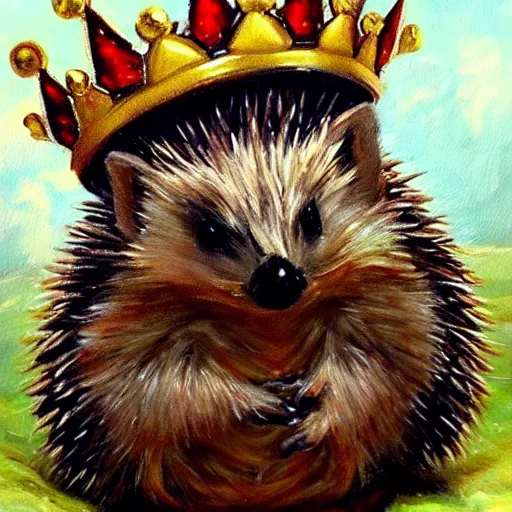 Image similar to Beautiful Oil painting of a Hedgehog with a crown