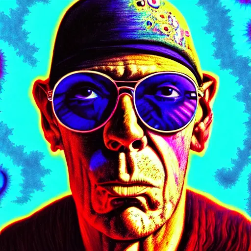 Image similar to an extremely psychedelic portrait of hunter s. thompson, surreal, lsd, face, detailed, intricate, elegant, lithe, highly detailed, digital painting, artstation, concept art, smooth, sharp focus, illustration