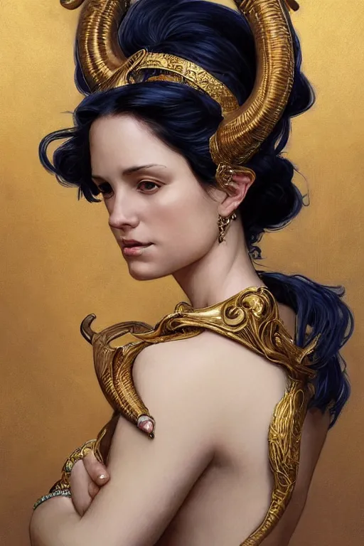 Prompt: a beautiful woman with deep blue skin, big natural ram horns on her head, flowing dress, gold jewellery, dnd, face, fantasy, intricate, elegant, highly detailed, digital painting, artstation, concept art, smooth, sharp focus, illustration, art by artgerm and greg rutkowski and alphonse mucha