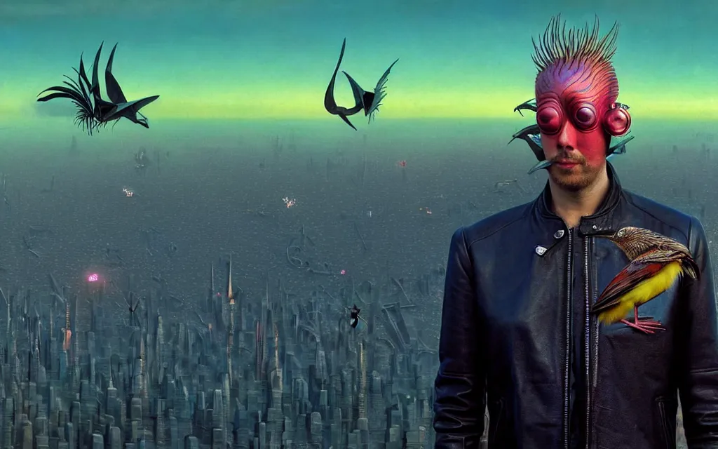 Image similar to realistic detailed portrait movie shot of a birdman wearing leather jacket, futuristic city sunset landscape background by denis villeneuve, amano, yves tanguy, alphonse mucha, ernst haeckel, max ernst, roger dean, rich moody colours, cinematic