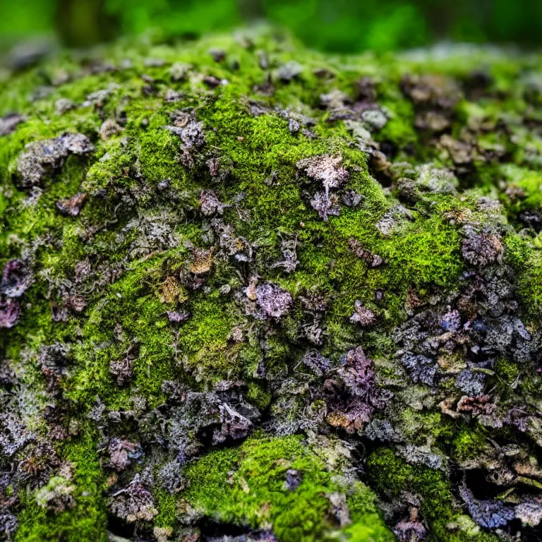 Image similar to a drawn picture lichens and moss close-up various fungus, mushrooms and plants, Atmospheric phenomenon, artistic photography, muted colors, conceptual, long exposure outside the city