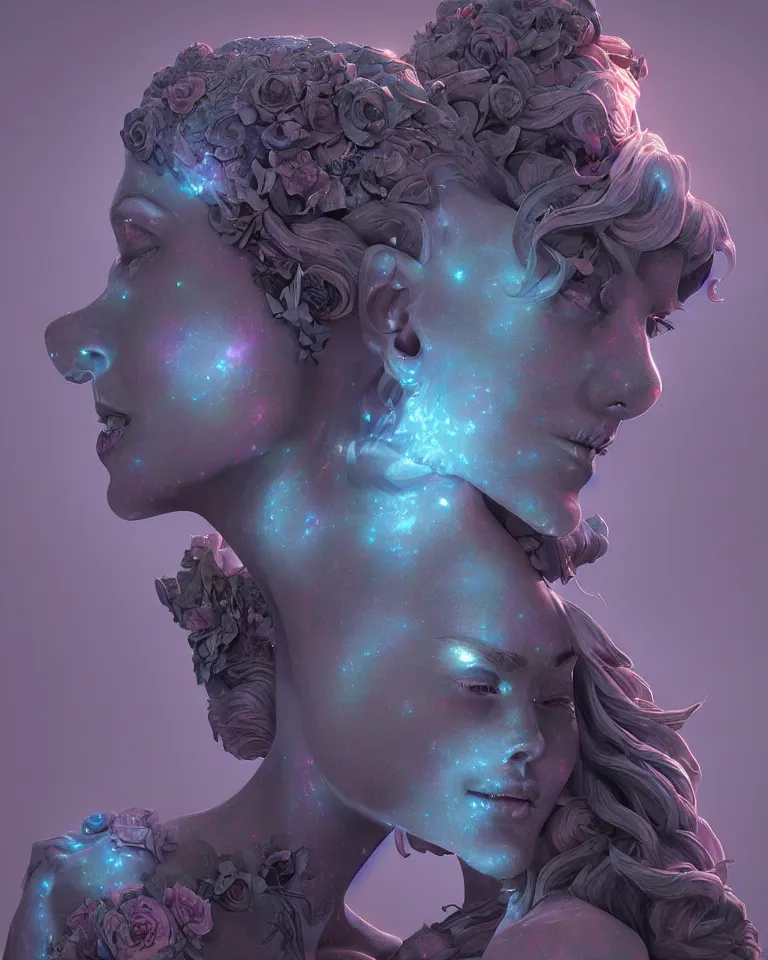 Image similar to a holographic portrait of a gorgeous etherial female gothic cemetery statue breaking apart by Andrew Ferez and RHADS, metaphysical painting, cosmic horror, octane render, trending on cgsociety, featured on zbrush central, grotesque, digital painting, vanitas, new sculpture, mystical