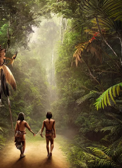 Image similar to two highly realistic indigenous people walking together in the jungle, fantasy art, matte painting