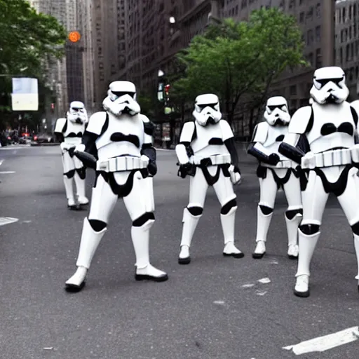 Image similar to several stormtroopers riding unicycles on Park Ave in New York City, 4k photography