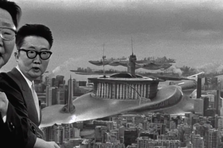 Image similar to a filmstill of Kim Jong-il looking at Starro Kaiju monster destroying Pyongyang, in Dr Strangelove by Stanley Kubrick (1964), traditional Korean city, palace, epic ultrawide shot, cinémascope