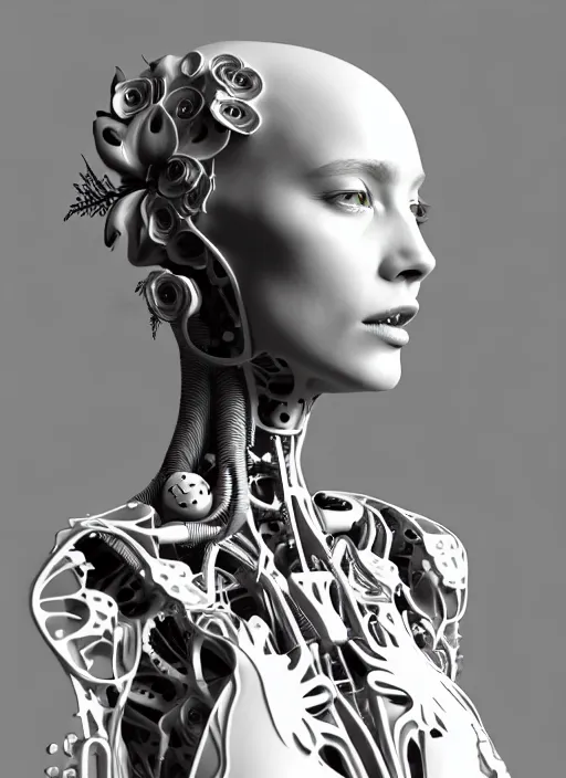 Image similar to monochrome 3 d model, biomechanical young female cyborg with porcelain profile face and a big floral eye, volumetric light, big leaves foliage and stems, hibiscus flowers, boho floral vines, sinuous fine roots, fine foliage lace, alexander mcqueen, rim light, art nouveau fashion pearl embroidered collar, steampunk, octane render, 8 k