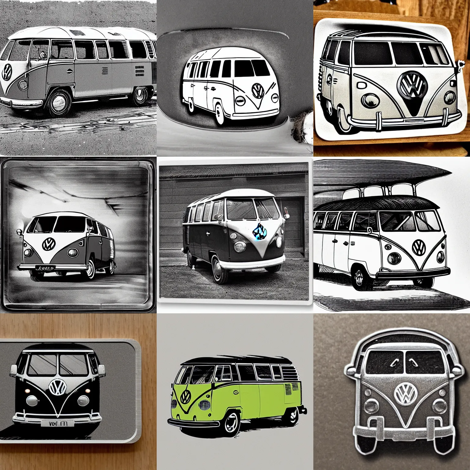 Prompt: an vw bus lost in a garage, engraving