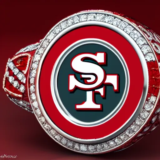 Image similar to San Francisco 49ers championship ring, diamonds, rubys, smooth lighthing, ultradetailed, 4k, trending on artstation, devianart and cgsociety, concept art