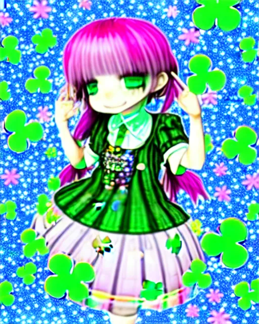 Prompt: a hologram of decora styled green haired yotsuba koiwai wearing stylish gothic lolita clothes, background full of lucky clovers and shinning stars, holography, irridescent, baroque visual kei decora art