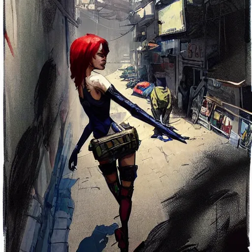 Prompt: concept art character, very high angle view, book cover, very attractive woman with full lips, walking in cyberpunk valley highly realistic, fine details, borderland 3 style, Painting, by Ashley Wood and Jamie Hewlett