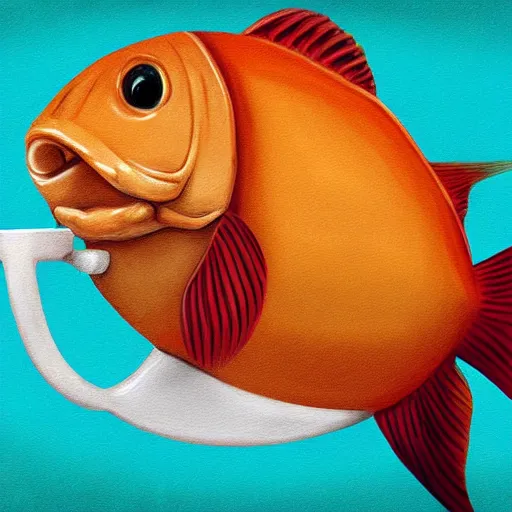 Prompt: a digital painting of a real fish drinking coffee by a straw, hyperrealism
