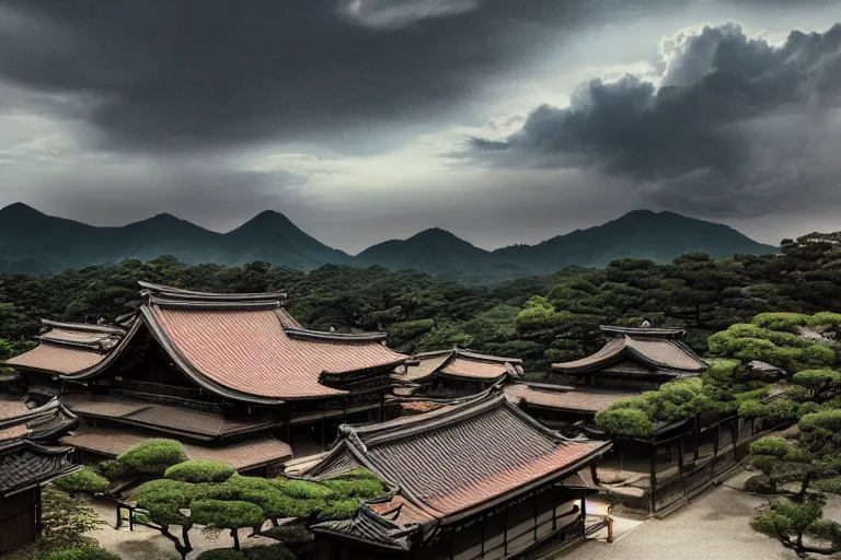 Image similar to Old japanese architecture in a Japanese valley, dramatic sky, digital art, 4k, 8k, trending on ArtStation