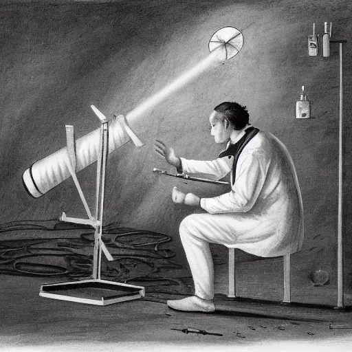 Image similar to doctor performing surgery on a rocket, monochrome painting