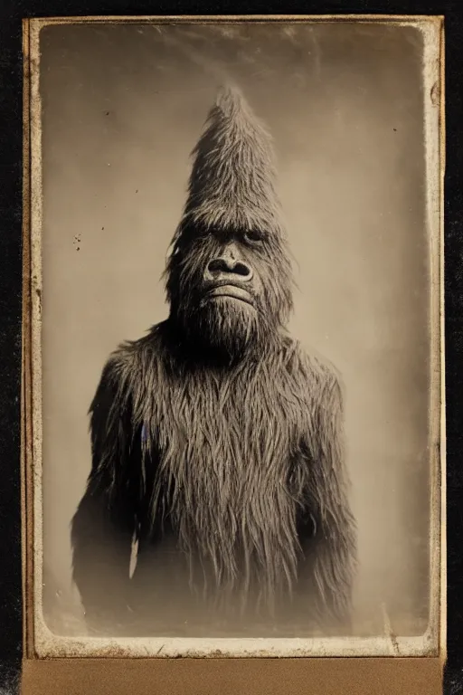 Image similar to a wet plate photograph of a Bigfoot trying on a hat