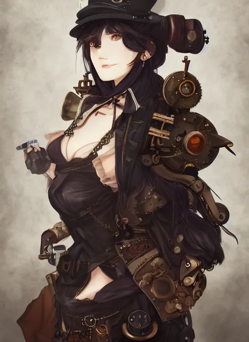 Image similar to steampunk themed anime girl with a steampunk robotic crow on her shoulder, finely detailed, portrait, beautiful, cinematic lighting, made by wlop, artgerm, illustration