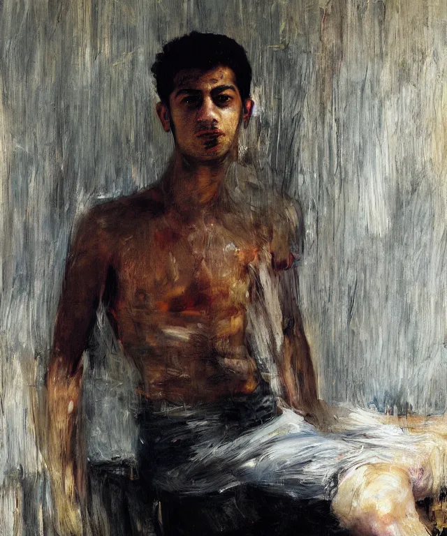 Prompt: a color photograph of persian young man in his workplace, by nan goldin, painted over by jenny saville, out of place, intense, bold, exaggerated, over proportion, hyperrealistic, ultra sharp, extra details, ultra high quality,