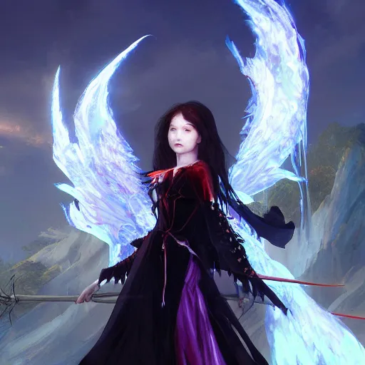 Prompt: young vampire princess witch summons with burning wings 4 k high definition dramatic lighting artstation trending path traced contrast light and dark cinematic breathtaking by dore, gustave and noriyoshi ohrai