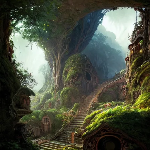 Image similar to worm's eye view of a elven headquarters carved inside a mountain above a lush garden, neat and tidy, magical, natural light, fantasy, sharp focus, concept art, by greg rutkowski and craig mullins, cozy atmospheric