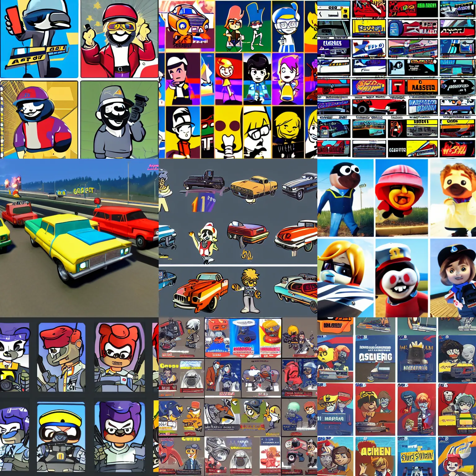 Prompt: a collection of several interstate 7 6 by activision characters