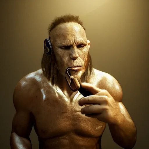 Image similar to realistic photo portrait of a prehistoric man giving a phone call, volumetric lights, trending on artstation, studio photo, intricate details, highly detailed