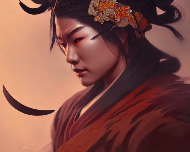 Image similar to oni samurai japanese style, face, fantasy, intricate, elegant, highly detailed, digital painting, artstation, concept art, smooth, sharp focus, illustration, artstation, cgsociety, art by artgerm and greg rutkowski and alphonse mucha