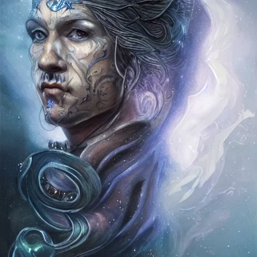 Image similar to an Artstation 3d render of Very very very very highly detailed beautiful mystic portrait of a phantom warrior with galaxy, tattoos by Anton Pieck, intricate, extremely detailed, digital painting, artstation, concept art, smooth, sharp focus, illustration, intimidating lighting, incredible art,