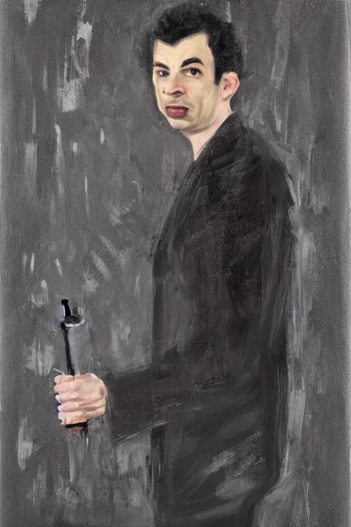 Image similar to dark painting by jon hale of nathan fielder holding puppet strings, ominous, shadowy, masterminding, paint streaks, action lines!!!, visible texture, blurry, blurred