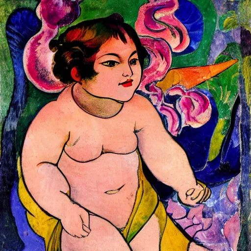 Prompt: rose by affandi, by suzanne valadon churning. a assemblage of a young boy disguised as a dragon. the boy is shown wearing a costume with dragon - like features, including a long tail, wings, & horns. he has a large grin on his face, suggesting that he is enjoying his disguise.