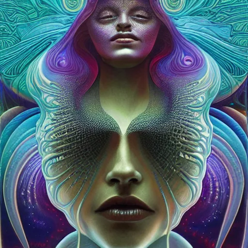 Prompt: queen of the galaxy by alex grey, zaha hadid, zdzisław beksinski, alphonse mucha. highly detailed, hyper - real, very beautiful, intricate fractal details, very complex, opulent, epic, mysterious, polished, futuristic design, trending on deviantart and artstation