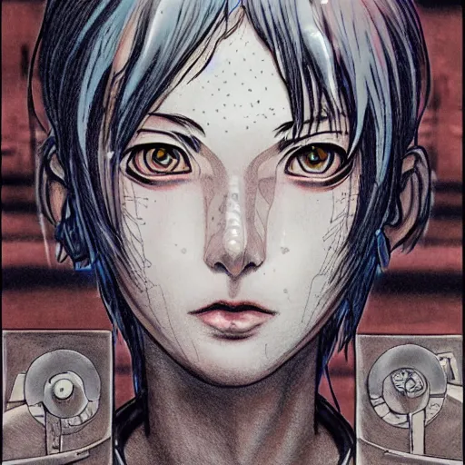 Image similar to anime drawing of a punk cyborg woman, water particles floating in the air, finely detailed facial features, weathered drawing, film grain, painted art by satoshi kon, katsuhiro otomo, kentaro miura