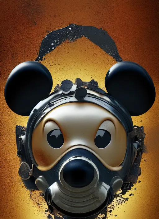 Prompt: mickey mouse, gas mask, fractal, leathery, wet, broken, melting, rococo, mycelium, baroque, sumerian, radiant alien, magic kingdom, octane render, high detail