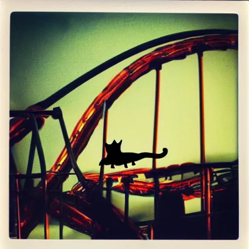 Image similar to black cat in a rollercoaster. the cat is enjoying the ride. sunlight. polaroid photo. saturated colors.