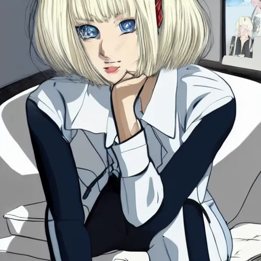 Image similar to platinum - blonde - haired long bob cut blue - eyed princess wearing white leggings and black jacket, sitting in bolshevik office, anime hd, highly detailed, hyperrealistic lighting