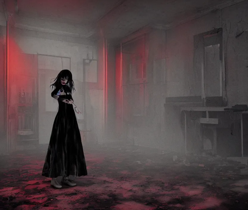 Image similar to Gothic girl standing on an abandoned hospital room with red ceiling lighting and several blue lights on the walls, gloomy and foggy atmosphere, octane render, artstation trending, horror scene, highly detailded