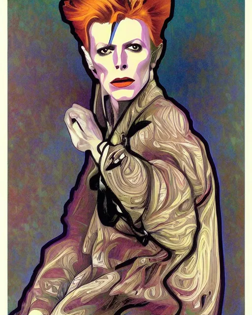 Image similar to a portrait painting of ( ( ( david bowie ) ) ) in the style of alphonse mucha!!!