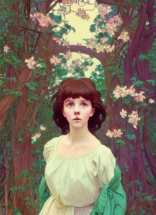 Image similar to pretty young woman resembling millie bobby brown with long hair, climbing a tree, path traced, highly detailed, high quality, digital painting, by studio ghibli and alphonse mucha, leesha hannigan, hidari, art nouveau, chiho aoshima, jules bastien - lepage