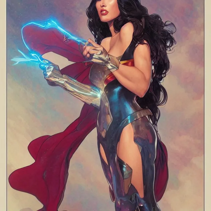 Image similar to megan fox as female superman shooting eye beams by artgerm, greg rutkowski, alphonse mucha