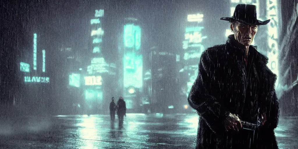 Image similar to digital art of clint eastwood in blade runner movie, posing on a neon rainy vague street in headlights matte painting, 8k resolution, concept art, detailed, photo realism, cgsociety, artstation, behance