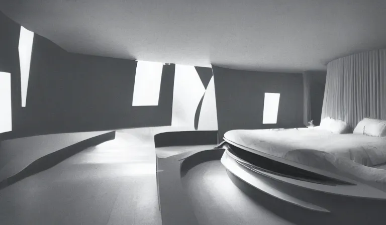 Prompt: A bedroom designed by Zaha Hadid, 35mm film, long shot