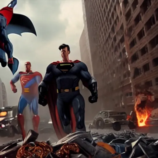 Image similar to a 4k movie still with Homelander (from The Boyz) killing Batman while far in the background Superman is crying