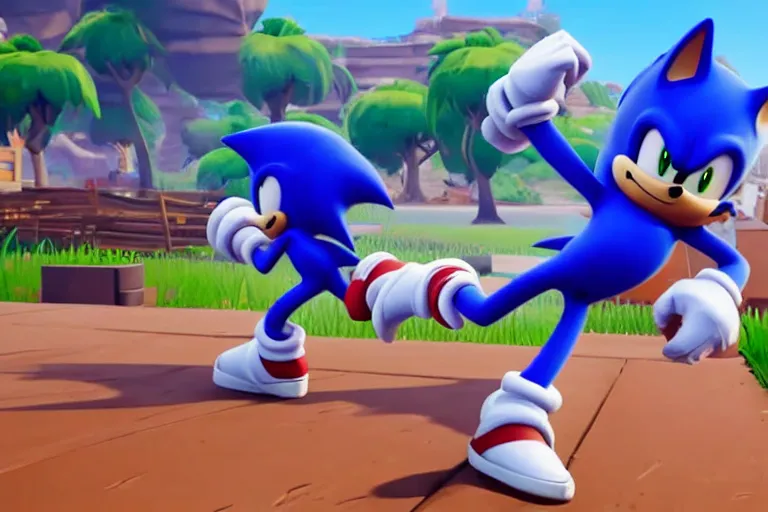 Prompt: sonic dancing in fortnite, gameplay