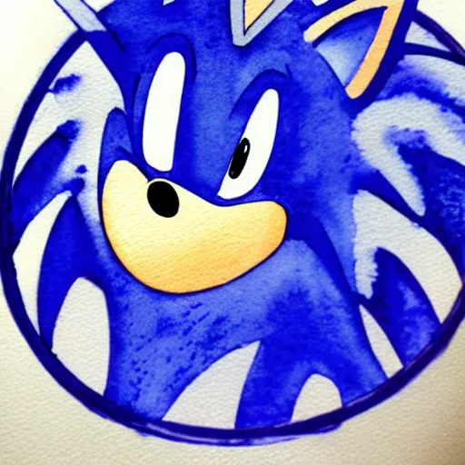 Image similar to a terrifying watercolor sonic the hedgehog, loose watercolor drawing, surrealist ripples