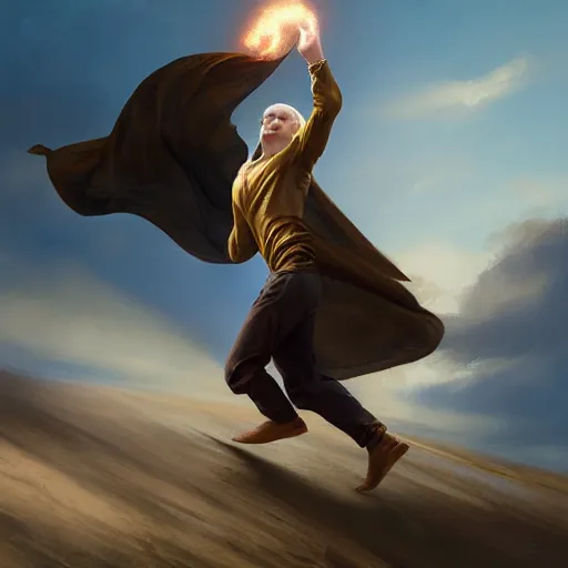 Image similar to blonde boy with golden eyes wearing a brown cape and flying in t pose, energy background, brush strokes, greg rutkowski, oil painting