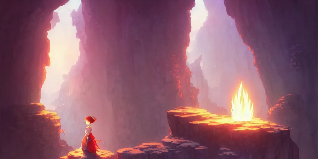 Image similar to the girl and the cave. anime, fantasy, smooth. torches, dark, digital painting, by hayao miyazaki and rossdraws and artgerm and chie yoshii and detmold and greg rutkowski and alphonse mucha. artstation. high quality, stunning, intricate detailed environment. 8 k